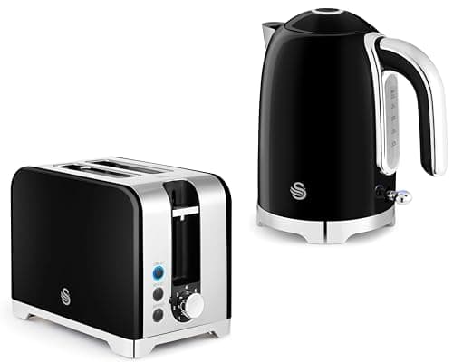 Image of Swan Solace Black Kettle and 2 Slice Toaster Set – 1.7L 3KW Fast Boil Cordless Kettle & 930W Toaster – Premium Stainless Steel and High Gloss Black Finish