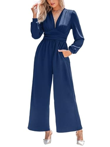 Image of CUPSHE Womens Jumpsuit Plunging V Neck Long Puff Sleeve Overall Wide Leg Elegant Playsuit with Pockets