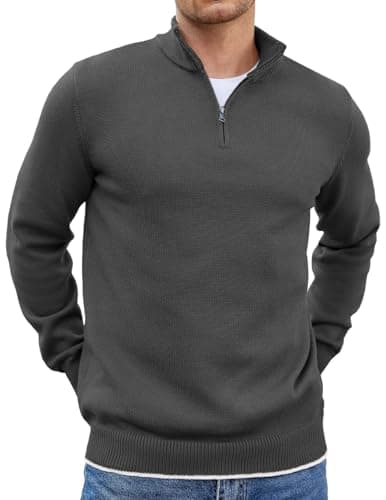 Image of COOFANDY Mens Quarter Zip Jumper Winter Knitted Sweater Long Sleeve Turtleneck Pullover Slim Fit Mock Neck Pullover Turtle Neck Tops Dark Gray L