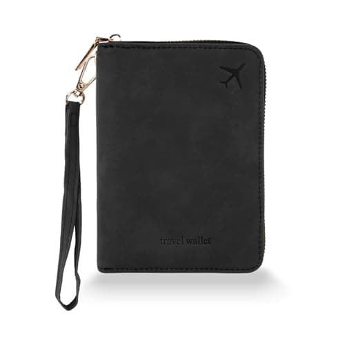 Image of Zidoley Passport Holder Travel Wallet RFID Blocking, PU Leather Travel Document Organiser with Zipped Closure & Wrist Strap, Document Organiser, Holiday Travel Essentials for Men & Women (Black)