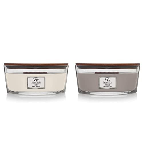 Image of Woodwick Ellipse Scented Candle with Crackling Wick | Fireside | Up to 50 Hours Burn & Scented Candle, Linen Ellipse Candle, with Crackling Wick, Burn Time: Up to 50 Hours, Scented Candles Gifts