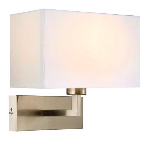 Image of National Lighting POLCO Modern White Cotton Rectangle Design Shade Brushed Chrome Finish Lounge Bedside Wall Light with Rocker Switch