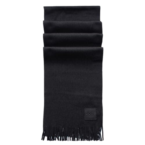 Image of BOSS Men's Cable Knitted Wool Blend Logo Badge Scarf 'Albas-O-Badge' (Black)