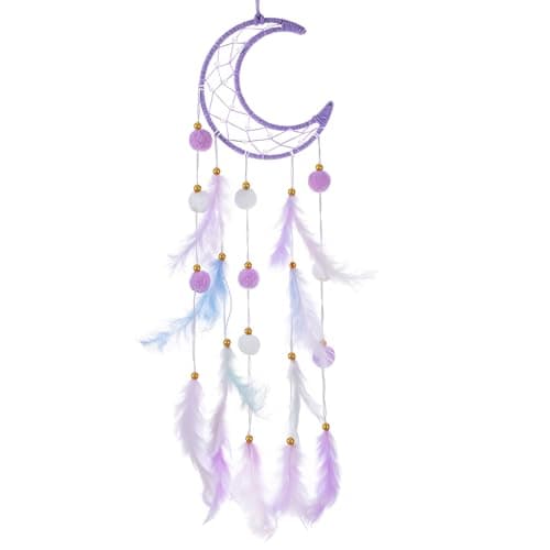 Image of Dimeho Moon Dream Catcher Wall Decor, Purple Pompom Feather Dream Catchers Boho Room Decor Handmade Feather Wall Hanging Ornaments Dreamcatcher for Women Mom Birthday Gift Home Decoration, Purple