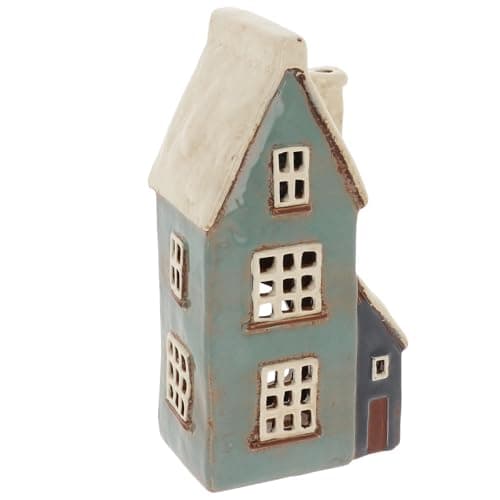 Image of Shudehill Giftware Village Pottery Tall House with Lean-To Ceramic Tealight Holder, Cottage Ornament, Hand Finished, Teal and Grey