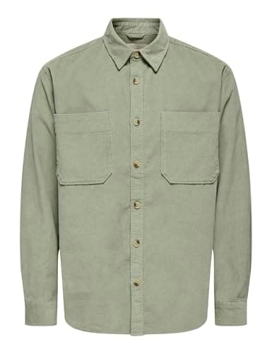 Image of ONLY & SONS Mens Onsalp RLX 2pkt Washd Cord Noos Casual Shirt, Seagrass, XS UK