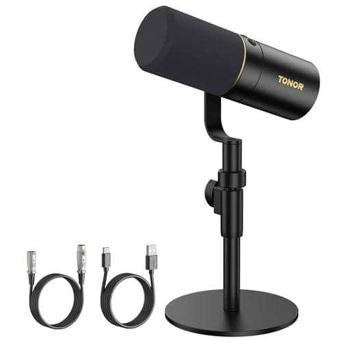 Image of TONOR Dynamic Podcast Microphone, XLR/USB Mic for Recording, Streaming, XLR Cardioid Studio Mic with Quick Mute, 3.5mm Jack, Volume Control, 200 cm Cable, with Desktop Stand, Black, TD510
