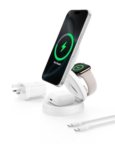 Image of Belkin MagSafe-Compatible Charger, 3-in-1 Convertible Wireless Charging Station, Qi2-Certified 15W Wireless Charger for iPhone 17, Air, Apple Watch, AirPods, Pixelsnap, 36W Plug Included - White