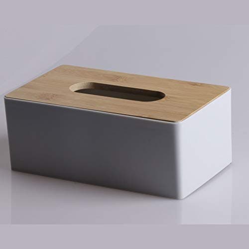 Image of Tissue Box with Bamboo Wood Lid, Rectangular Tissue Dispenser Box, Plastic Tissue Box for Bathroom, Car, Office, 21.5x12x8.5cm (Grey)