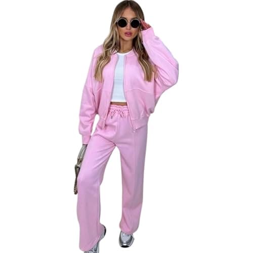 Image of Crazy Fashion Women’s Fleece Bomber Tracksuit Set – Zip Up Jacket & Wide Leg Joggers | Soft Co-Ord | Oversized Comfy Two Piece Outfit Autumn Winter Loungewear (Baby Pink, UK L/XL (UK 14-16)