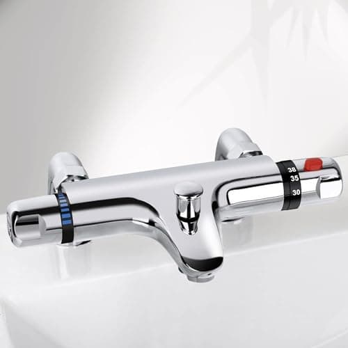 Image of Thermostatic Bath Shower Mixer Tap Deck Mounted Bath Mixer Tap Bar with Bathtub Filler Spout, Thermostatic Shower Bar Taps Faucet Modern Chrome Solid Brass 38°C Safety Anti-Scald, 180mm