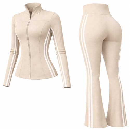 Image of Yu & Me PARIS Women 2 Piece Slim Fit Gym Wear White Stripe Tracksuit Set – Zip-Up Jacket & High Waist Flared Cut Leggings (Beige, S/M, 6-10)
