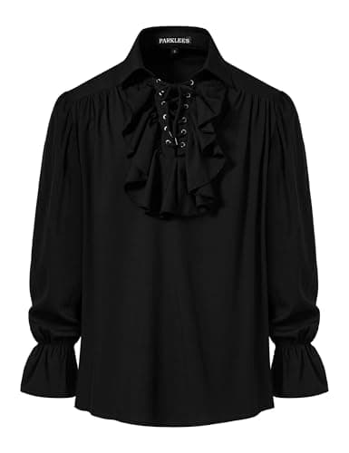 Image of PARKLEES Men's Renaissance Pirate Ruffled Frilly Shirts Jabot Collar Victorian Medieval Costume Black Large