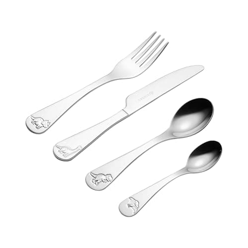 Image of Viners Dinosaur Kids 4 Piece Stainless Steel Cutlery Set | Children’s Knife, Fork, Spoon & Teaspoon | Dishwasher Safe 18/0 Steel, Safe Serrated Knife
