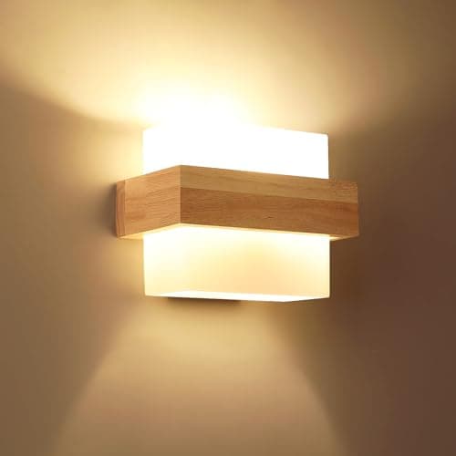 Image of Comely LED Wall Lights Indoor, Creative Square Wooden Wall Lamp, Modern Glass Wall Light Sconce for Bedroom Living Room Hallway Dining Room Stairs, E27 Base