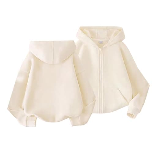 Image of Kids Zip Up Hoodie Boys Girls Classic Plain Hoodied Tops Zip Front Warm Hooded Jacket Long Sleeve School Sweatshirt Casual Full Zip-Up Hoodie Daily Wear Age 3 to 12 (Beige, 9-10 Years)