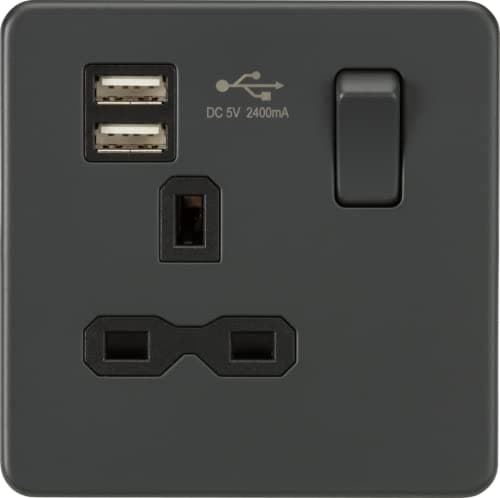 Image of Screwless 13A 1G Switched Socket with Dual USB Charger (2.4A) - Anthracite