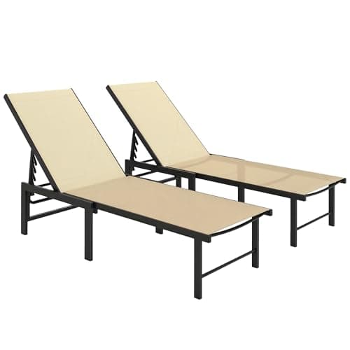 Image of Outsunny Sun Loungers for Garden Set of 2, 5-Level Adjustable Reclining Sun Lounger Chairs, Flat Garden Lounger Sunbed with Texteline Seat, Steel Frame for Patio, Beach, Khaki