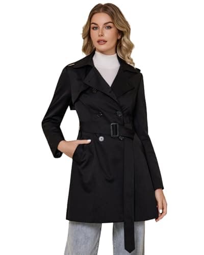 Image of DIASHINY Women's Double Breasted Trench Coat Classic Lapel Windbreak Midi Slim OuterWear With Belt Buckle Black XL