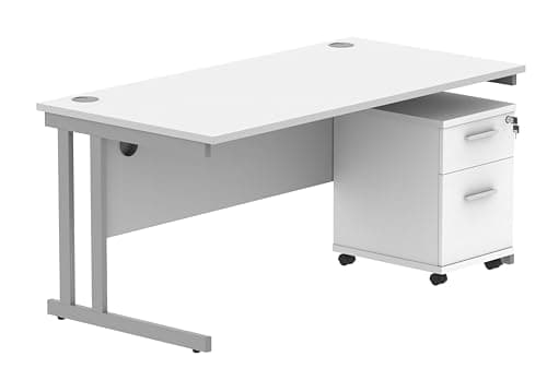 Image of Office Hippo Heavy Duty Contract Grade Office Desk Workstation and Lockable 2-Drawer Pedestal Set, 120kg Weight Tolerance, 5-Year Warranty, FSC Certified, White, Silver Legs, 1600 x 800mm