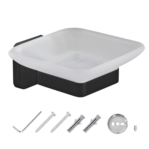 Image of JASSFERRY Soap Dish Holder for Shower Black Wall Mounted Square Soap Tray Frosted Glass Soap Saver Razor and Sponge Holder for Bathroom, Kitchen, Countertop