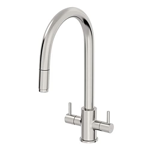 Image of SÄUBER® Thun Kitchen Sink Mixer Tap Pull Out Single Spray Head Swivel Spout Brass Body Twin Dual Lever for Sinks Taps Modern Round, Brushed Nickel