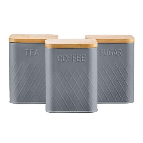 Image of Cooks Professional 3 Piece Tea, Coffee & Sugar Square Cannister Set with Bamboo Lids | Diamond Pattern Labelled Stainless Steel Kitchen Storage Bins Airtight Containers | Grey