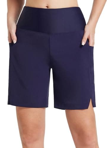 Image of baleaf Swim Shorts Women Long Board Shorts with Pockets Quick Dry Bikini Bottoms Boyleg Swimmear 7'' Navy L