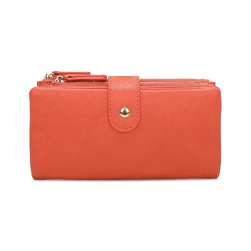 Image of Vision Textiles Women's Orange Solid Ladies Purse Wallet with Double Zipped Compartments, Press Button Strap Closure, Multiple Card Slots, Zip Coin Pockets