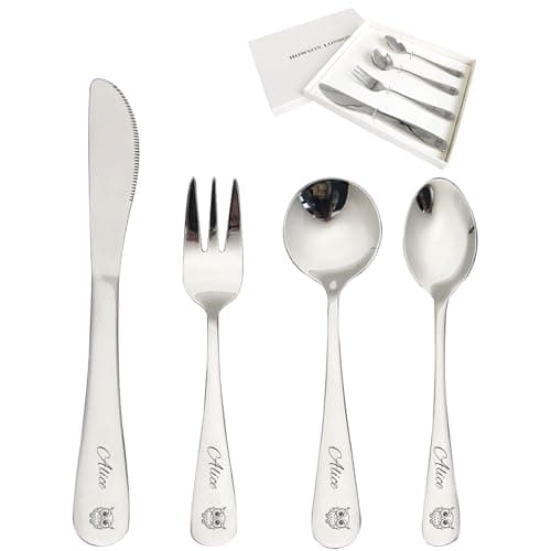 Image of Personalized Kids Children Toddler Cutlery Set - 4pcs Engraved Knife Fork Spoon Stainless Steel Cutlery Set - Christening & Christmas Gifts for Boy Kids Girls (Owl)