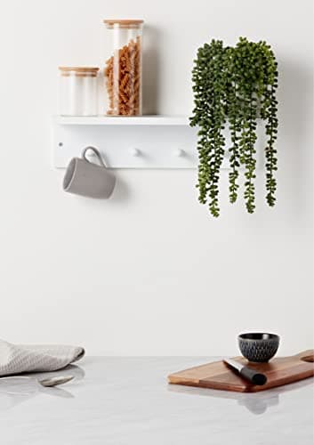 Image of Haus Projekt White Shelf with 4 Hooks, Easy to Assemble Nursery Wooden Shelves with Pegs, Coat Hooks Wall Mounted, Bathroom Decor Floating Shelf for Wall, Hanging Shelf For Kitchen, Towel Storage