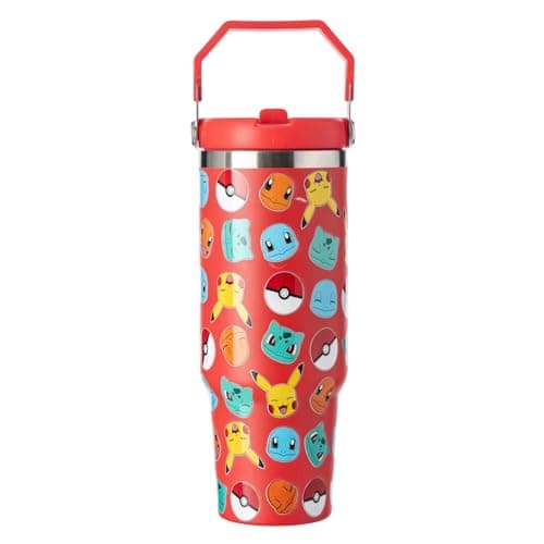Image of Pokémon Stainless Steel Tumbler 850ml with Handle – Pikachu, Charmander, Squirtle & Bulbasaur Design – Double Wall Travel Cup for Hot & Cold Drinks with Silicone Lid & Straw, Red