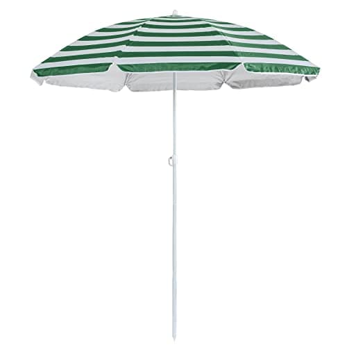Image of Harbour Housewares Green Striped Beach Parasol with Push-Lock System - 1.74 x 1.93m - UPF 50+ Portable Garden Umbrella Lightweight UV Sun Protection Umbrella for Picnics, Garden and Beach Days