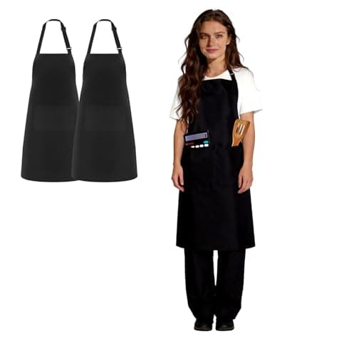 Image of JIXUAN Black Apron 2 Pack with Pockets, Adjustable Kitchen Aprons for Men & Women, Professional Cooking Apron for Chef, BBQ, Baking, Catering, Restaurant, Barista, Coffee Shop, Gardening Apron