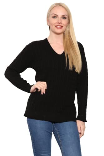 Image of STAR FASHION Ladies Long Sleeve All Over Cable Soft Knitted Jumper Womens V Neck Winter Wear Jumper Sweater Casual Top Black 8 to 10