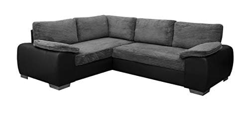 Image of Sofas and More Grey Jumbo Cord Corner Sofa Bed with Storage – Large L-Shape Fabric & Faux Leather Sofa for Living Room