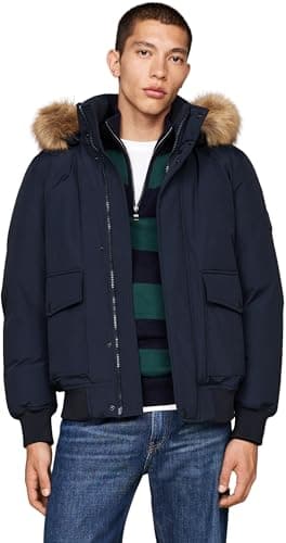 Image of Tommy Hilfiger Men’s Rockie Down Bomber Jacket with Detachable Hood, Blue (Desert Sky), XXL
