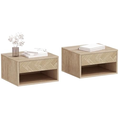 Image of HOMCOM Floating Bedside Tables Set of 2, Wall Mounted Nightstand with Drawer and Open Shelf for Bedroom, Natural Wood Finish