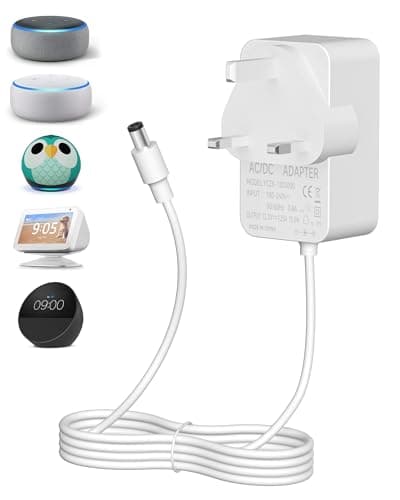 Image of Binamao 12V 1.25A 15W Power Supply Charger Compatible with Echo Dot (3rd/4th/5th Gen) Echo Dot with 3/4 Gen Echo Dot Kids Edition 3/4 Gen Echo Show 5 (1/2Gen) Echo Spot Fire TV Cube, 1.5M Cord - White