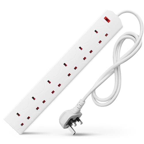 Image of Desiretech 6 Gang Extension Lead - 1 Metre Power Cord, 13A Fused UK Plug with Light Indicator, Wall Mountable Slim Design, 3250W 250V Indoor Home Office Power Cable (White, 1 Pack)