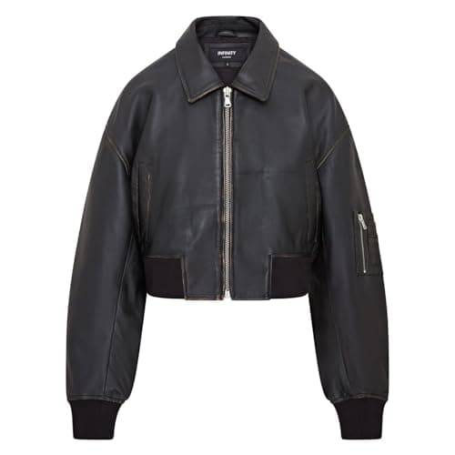Image of Womens Oversized Black MA-1 Leather Bomber Varsity Jacket