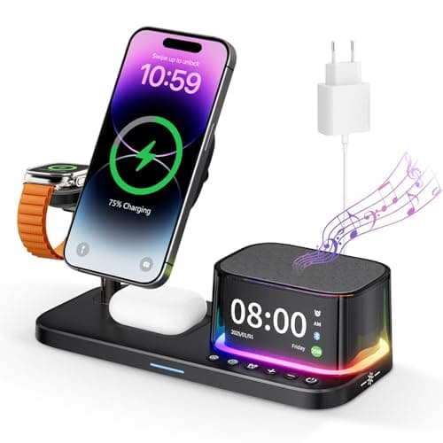 Image of CoolBuBu Charging Station,25W QI2.2 Fast Wireless Charger For iPhone17 16 15 14 13 Pro Max,Charger Stand For Apple Watch/AirPods/Samsung Watch,Docking Station with Clock,Light,Bluetooth Speaker-Black