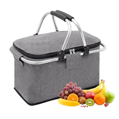 Image of 30 L Shopping Basket Cooler Bag Insulated Picnic Basket, Premium Extra Large Cooling Cooler Cool Bag, Collapsible Lunch Bag Box, for Camping/Outdoor Activities/Family Travel/BBQ/Shopping (Gray)