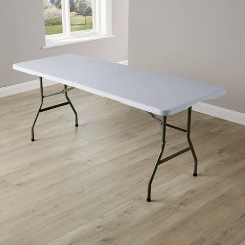 Image of Home Source Trestle Table with Carry Handle (6 Feet) White – Multi-Purpose Folding Table – Heavy Duty for Camping Catering BBQ Picnic Party – 70D x 180W x 74H cm