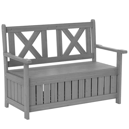 Image of Outsunny Wood Garden Bench 2 Seater Storage Chest Patio Seating Chair with High Back and Armrest, Charcoal Grey