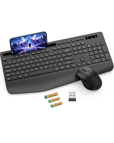 Image of SABLUTE KM23Pro Wireless Keyboard and Mouse Set, Full-Size Ergonomic Keyboard with Wrist Rest, Phone Holder, Silent 2.4GHz Cordless Combo, 6-Button Mouse, Batteries Included, for Laptop PC Mac Windows