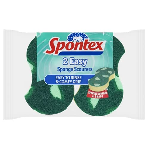 Image of Spontex 2 Easy Sponge Scourers with Comfort Grip, Green and Yellow