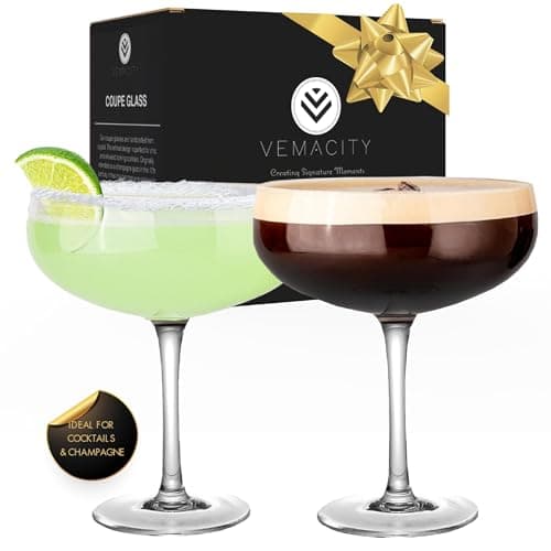 Image of Vemacity Martini Glasses Set of 2 (300ml) | Handmade Crystal Coupe Cocktail Glasses with Elegant Gift Box | Champagne Saucers for Cocktails, Prosecco & Desserts | Dishwasher Safe| Ideal for Gifting