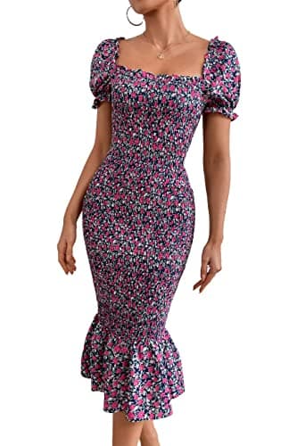 Image of PRETTYGARDEN Women's Summer Floral Midi Bodycon Dresses Short Puff Sleeve Square Neck Ruffle Hem Mermaid Cocktail Dress, Purple, M