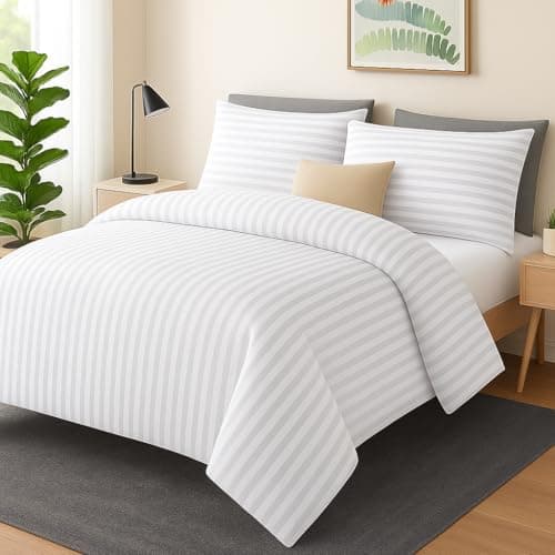 Image of MIA we dress your home Luxury Single Duvet Cover Set - Hotel Quality Satin Stripe White Bedding Set Comforter Quilt Cover With 2 Pillowcases Zip Closure (White, Single)